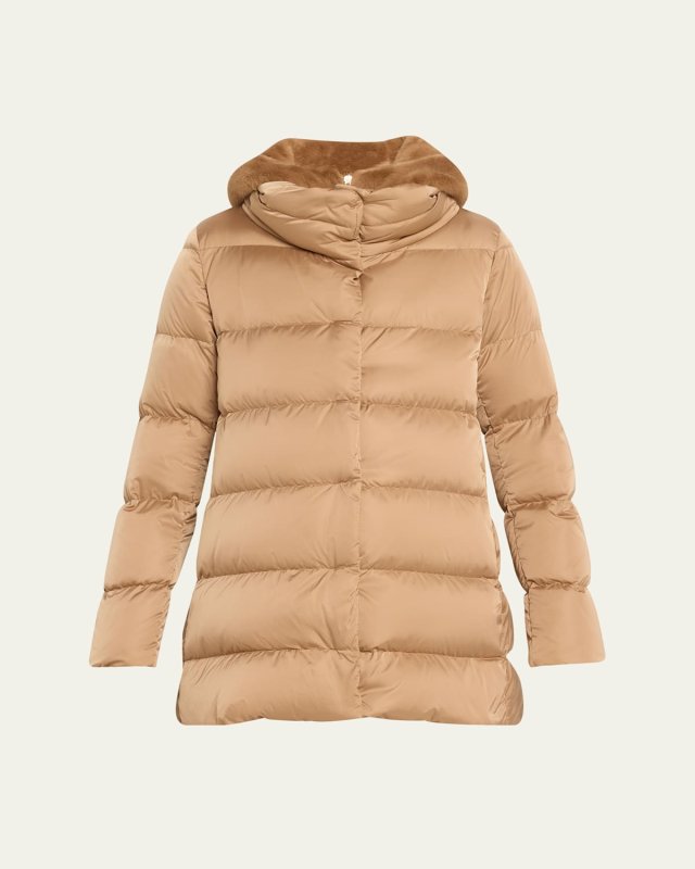 A-Shape Sateen Puffer Coat with Faux-Fur Wind Guard