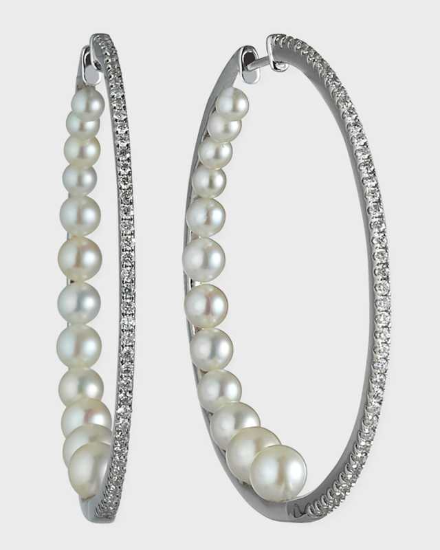 14k White Gold Diamond Pearl-Back Hoop Earrings