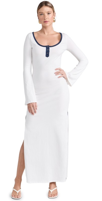 CAROLINE CONSTAS Karla Bell Sleeve Colorblock Maxi Dress Alabaster Navy Combo