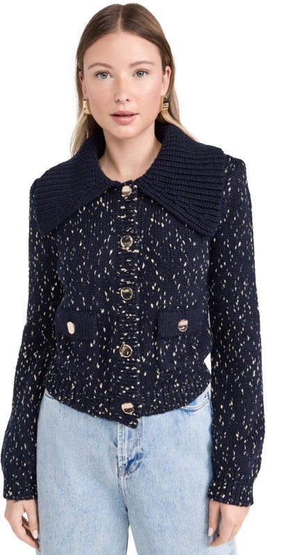 Self Portrait Navy Metallic Merino Cardigan Navy