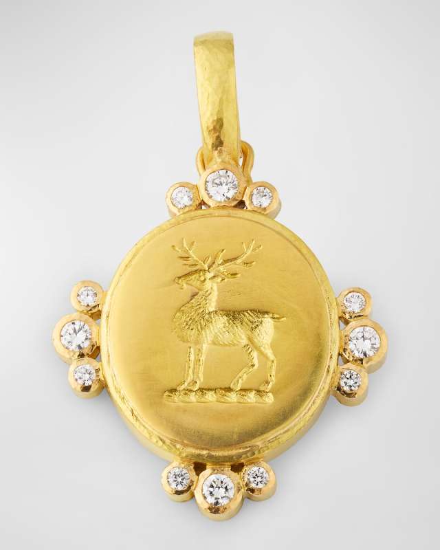 19K Yellow Gold Medium Vertical Oval Stag Pendant with Diamonds