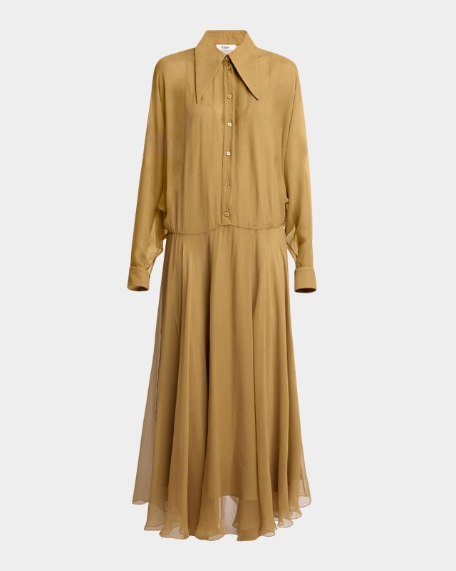 Long-Sleeve Organic Silk Maxi Shirtdress