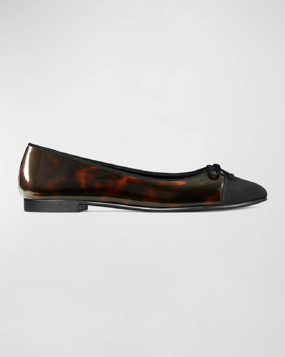 Cap-Toe Tortoise-Print Leather Ballet Flats