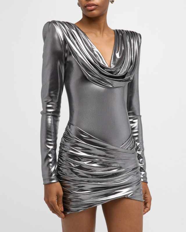 Metallic Draped Cowl-Neck Mini Dress