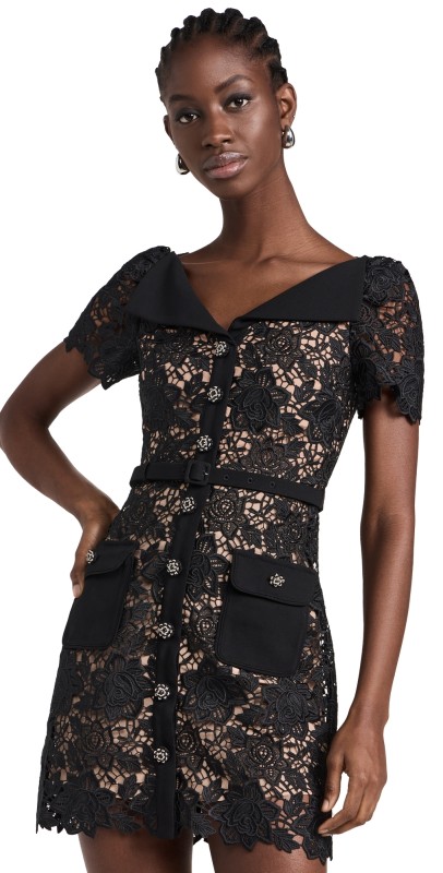 Self Portrait Black Lace Open Neck Mini Dress Black