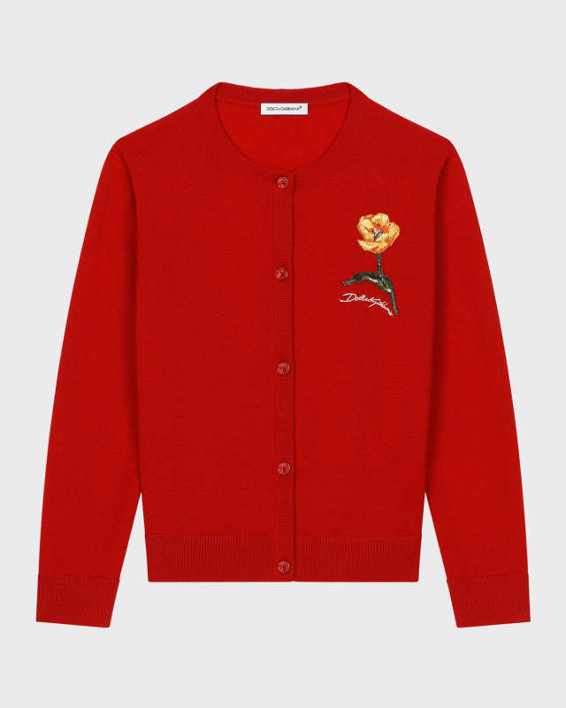 Girl's Shaved Flower Patch Logo-Print Cardigan, Size 4-