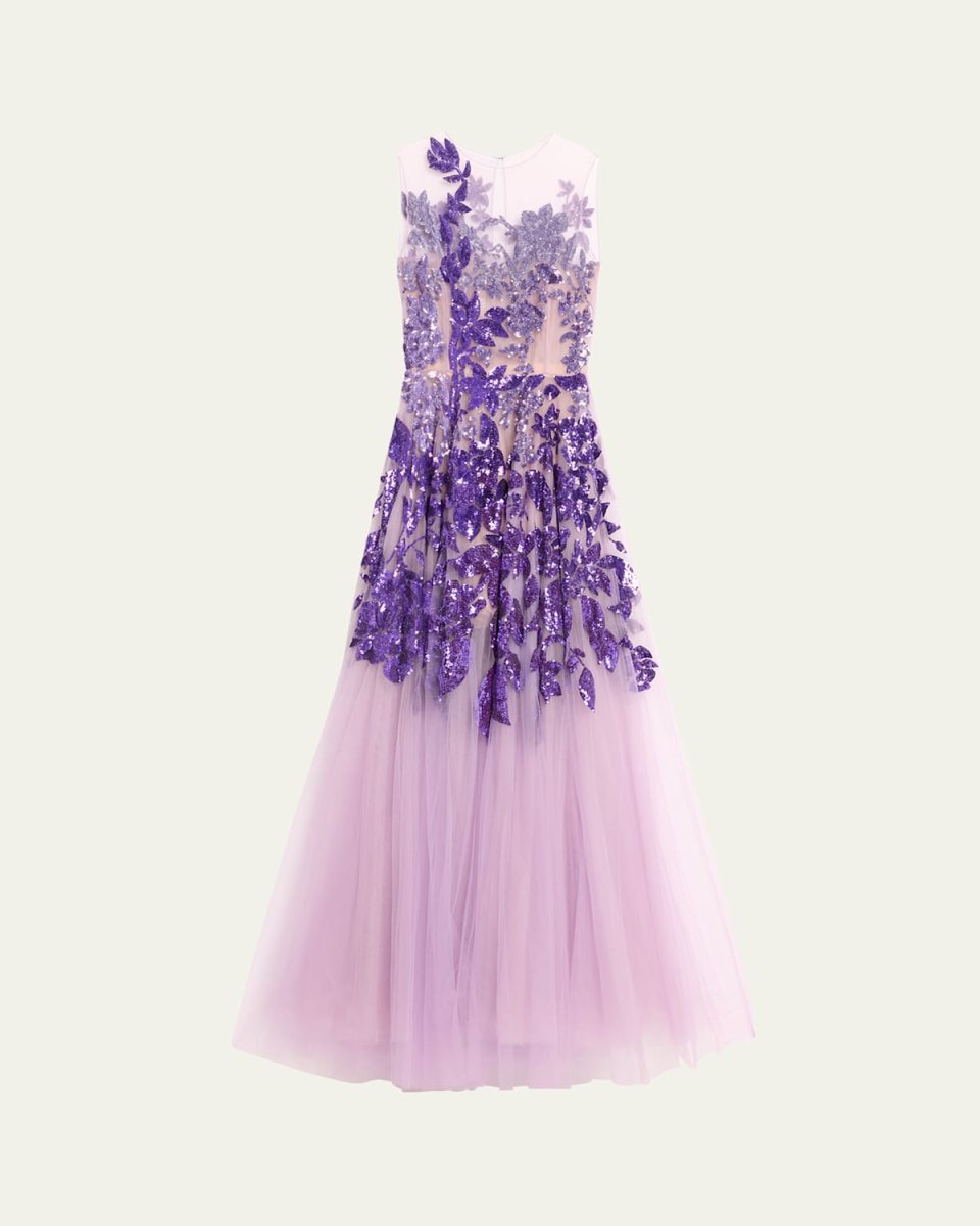 Ombre Sequined Peony Tulle Gown