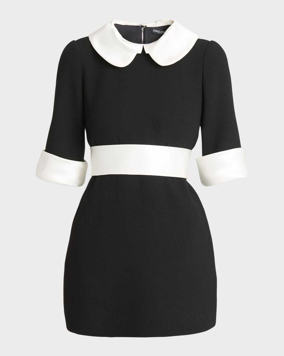 Peter Pan-Collar Short-Sleeve Belted Crepe Mini Dress