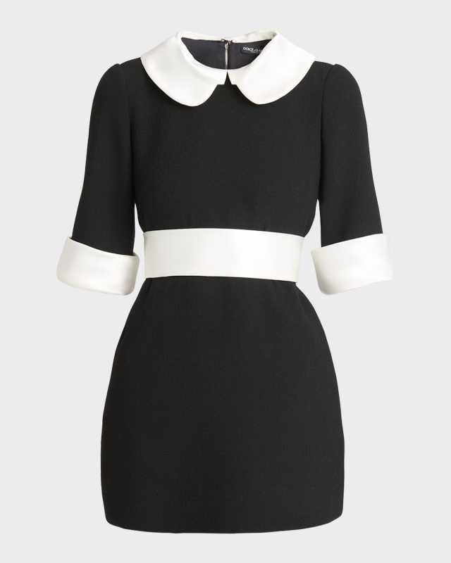 Peter Pan-Collar Short-Sleeve Belted Crepe Mini Dress