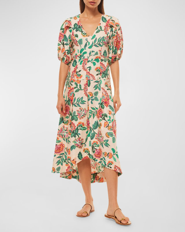 Jamila Floral-Puff Floral Midi Dress