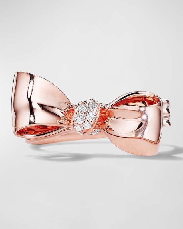 18K Rose Gold Petite Bow Knot Ring with White Diamonds, Size 7.75