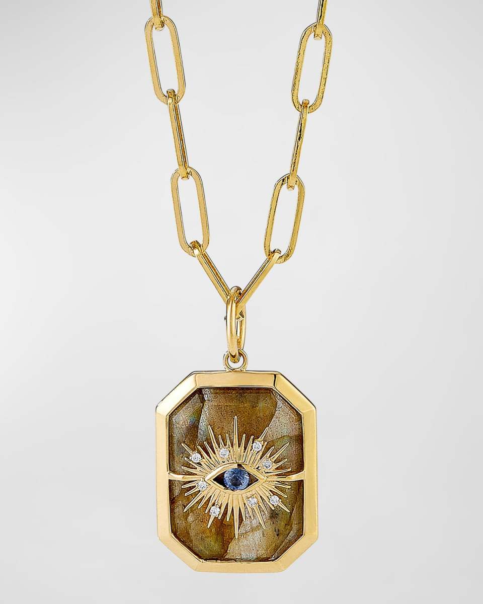 18K Yellow Gold Chakra Evil Eye Pendant Necklace with Labradorite, Blue Sapphire, and Diamonds