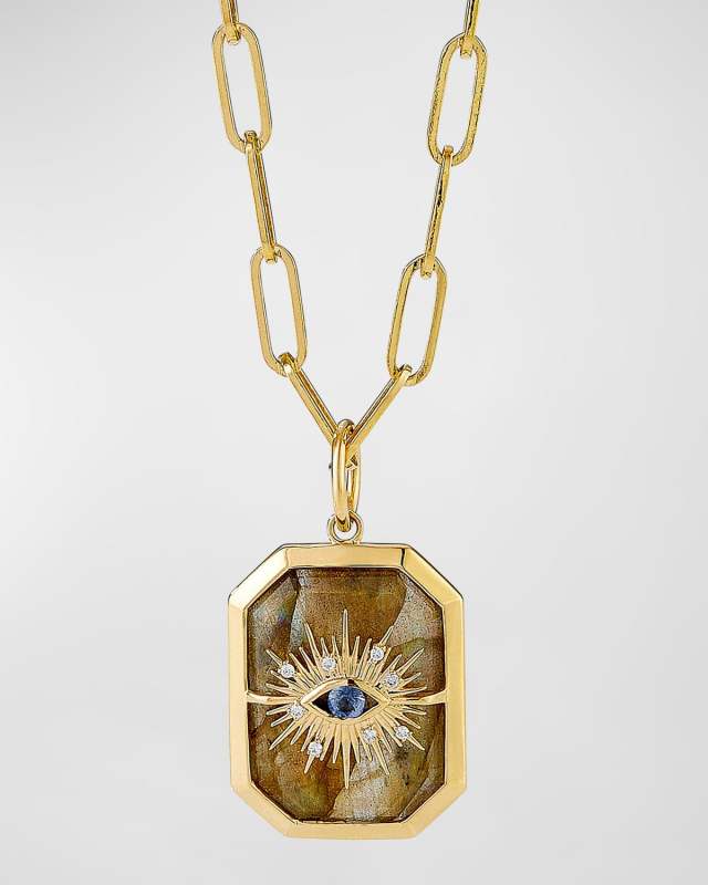 18K Yellow Gold Chakra Evil Eye Pendant Necklace with Labradorite, Blue Sapphire, and Diamonds