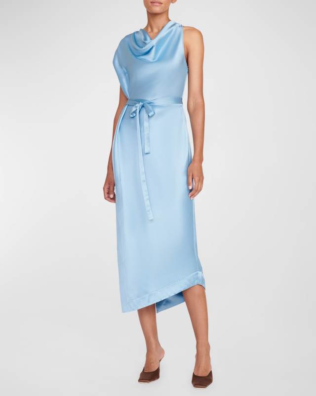 Troupe One-Sleeve Draped Cowl Midi Dress