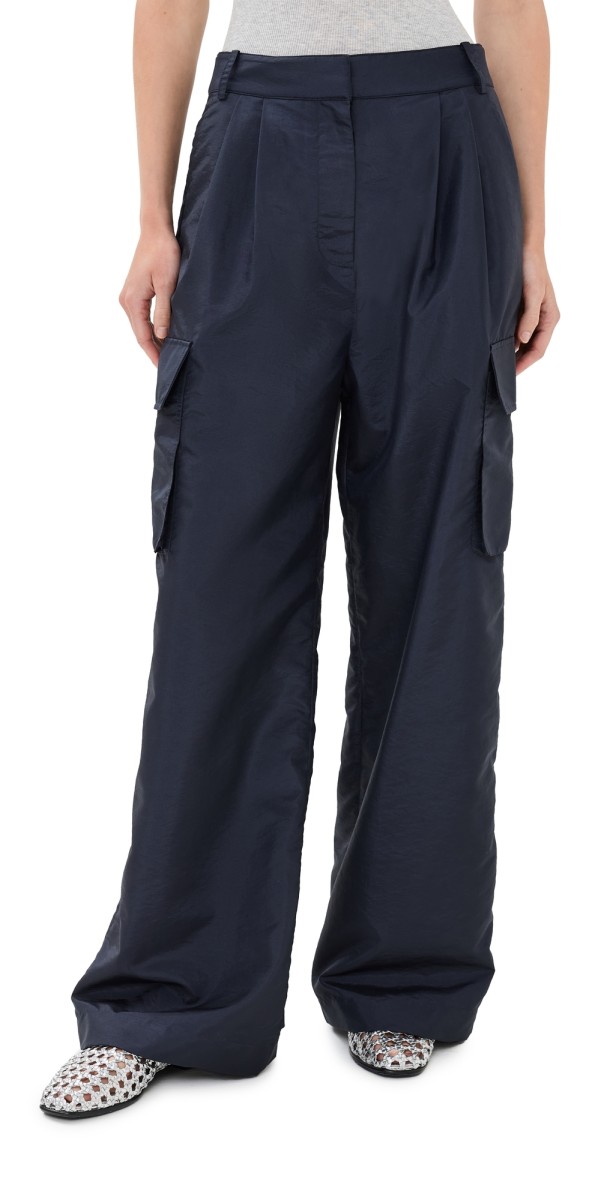 Tibi Crispy Nylon Stella Pleated Cargo Pants Navy