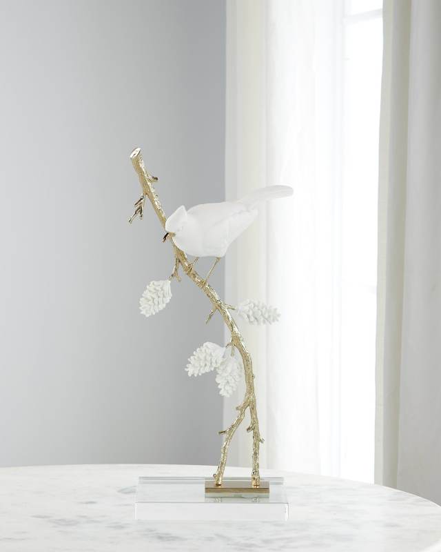 Porcelain Bird Sculpture on Pine Branch II
