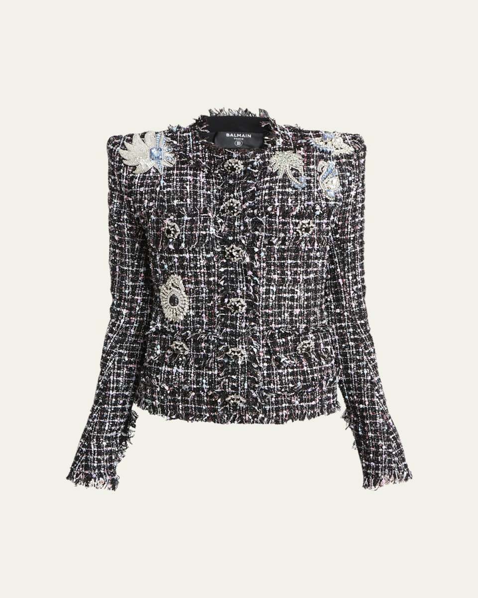 Crystal Patch Tweed Fringe Collarless Jacket