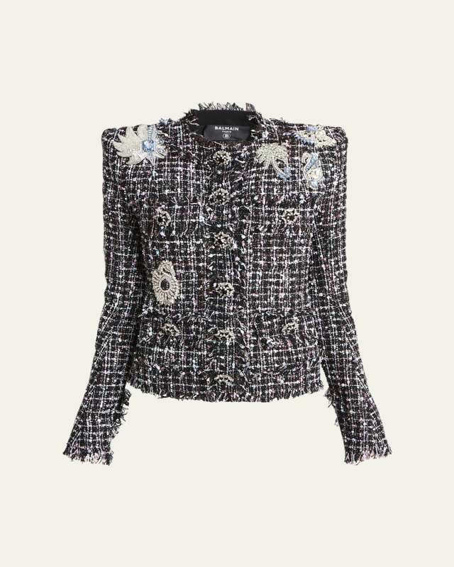 Crystal Patch Tweed Fringe Collarless Jacket
