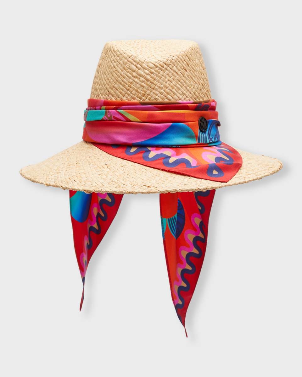 Kate Raffia Straw Fedora With Silk Scarf