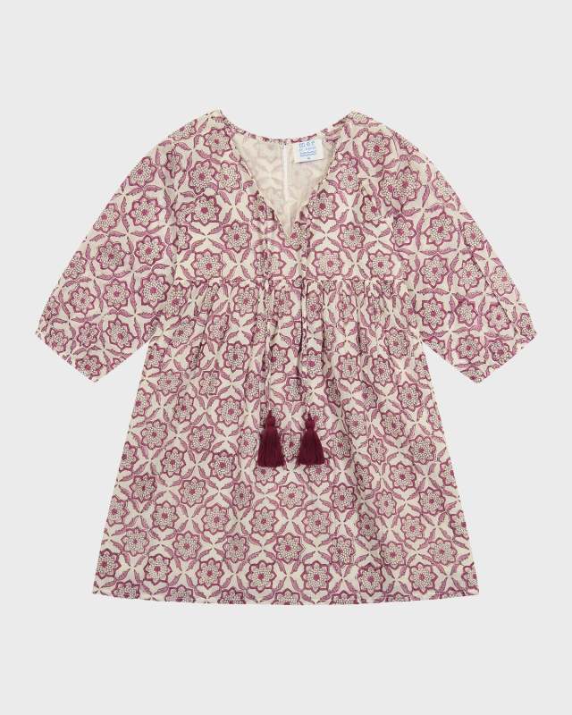 Girl's Sara Block-Print Tassel Popover Dress, Size 2-10