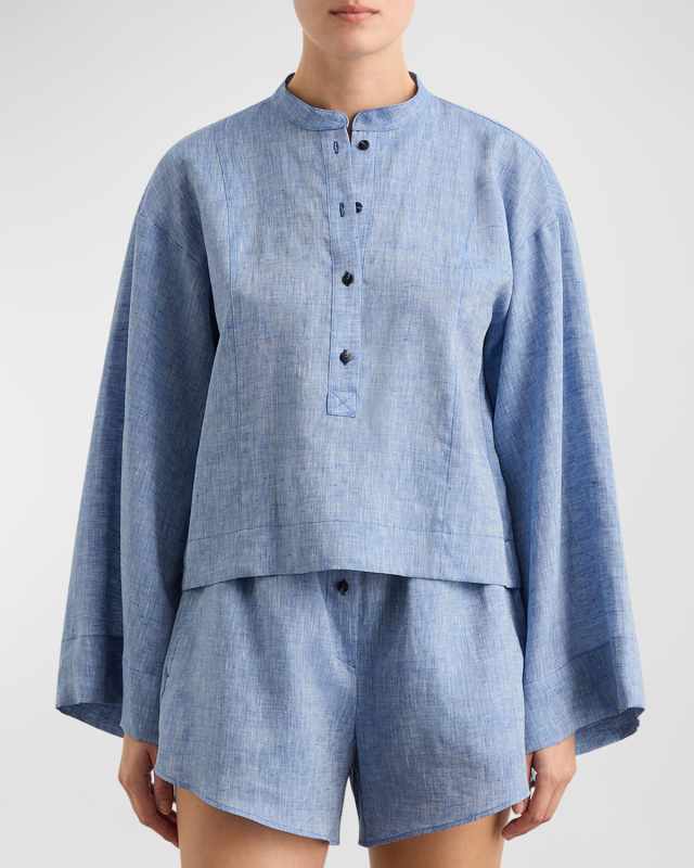 Lucca Linen Relaxed Bell-Sleeve Top