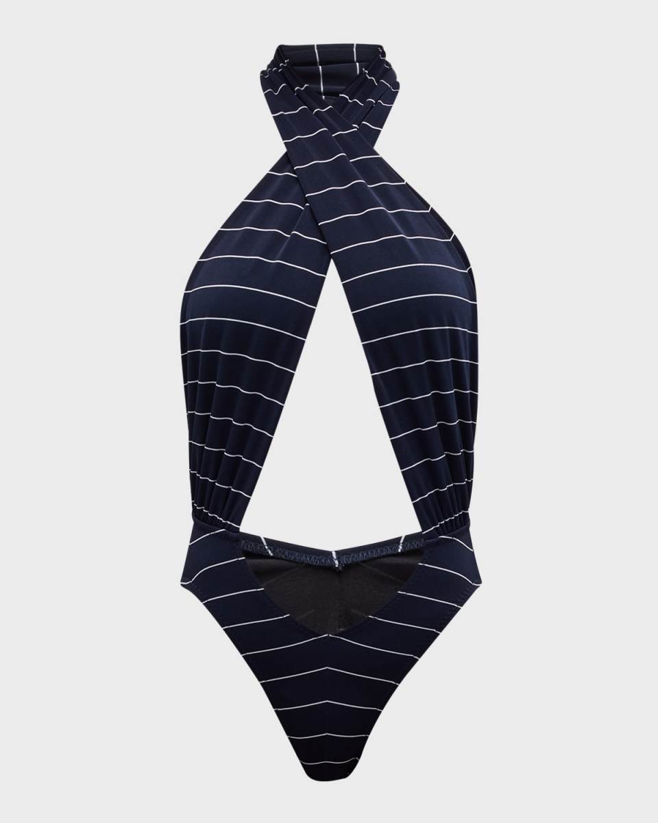 Striped Crisscross Backless Halter One-Piece Swimsuit