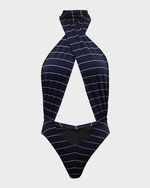 Striped Crisscross Backless Halter One-Piece Swimsuit