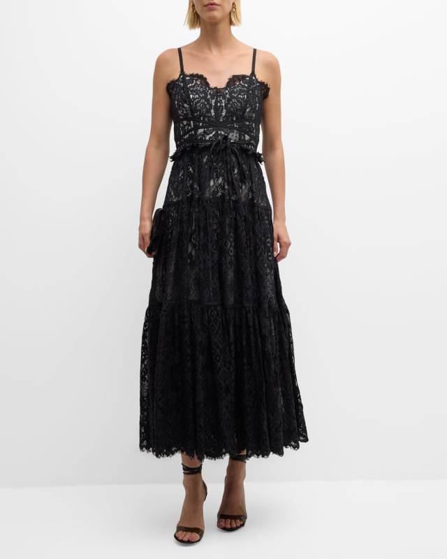 Lana Tiered Lace Sweetheart Midi Dress