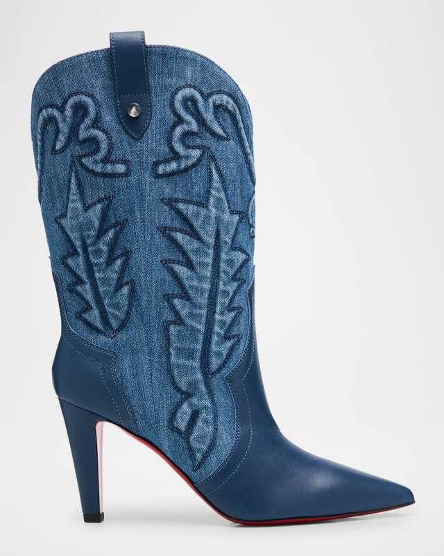 Embroidered Denim Red Sole Western Booties