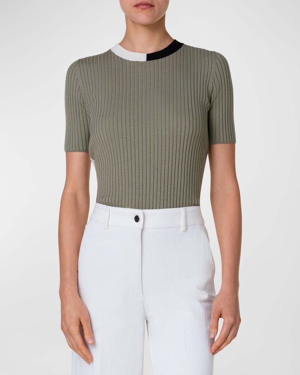Ribbed Knit Wool Top with Colorblock Collar