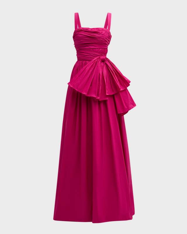 Draped Bow Sleeveless Slit-Hem Taffeta Gown