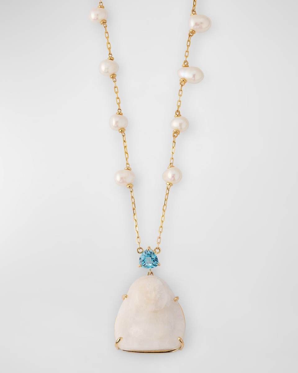 Happy Buddha Moonstone with Blue Topaz Crown Pearl Necklace