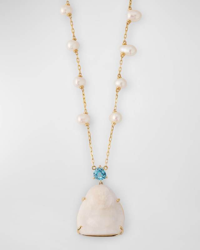 Happy Buddha Moonstone with Blue Topaz Crown Pearl Necklace