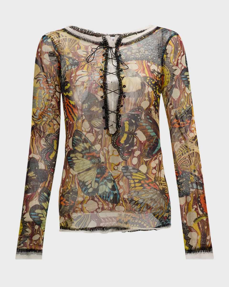 Butterfly Mesh Lace-Up Top