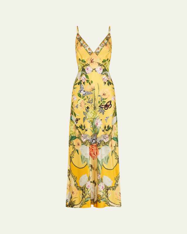 Floral Silk Long Bias Slip Dress with Train