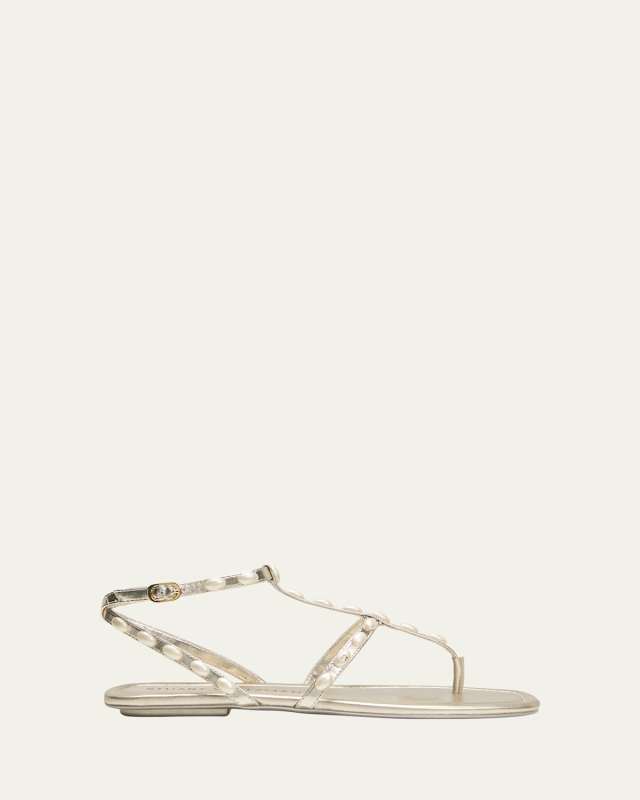 Pearlita Stud Metallic T-Strap Sandals