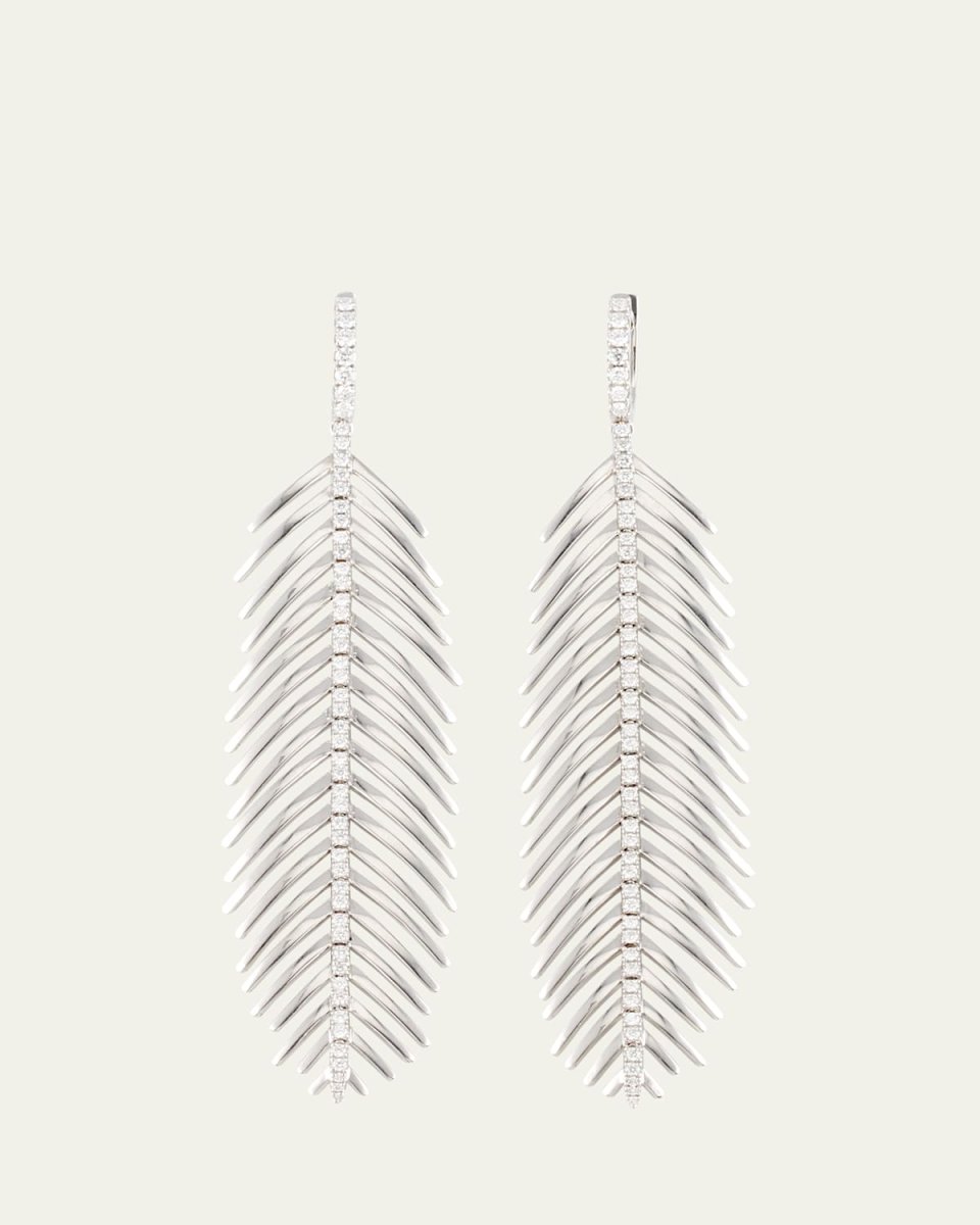 18K White Gold Diamond Spine Feathers That Move Earrings