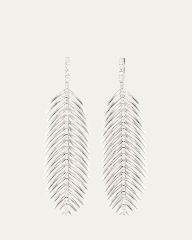 18K White Gold Diamond Spine Feathers That Move Earrings