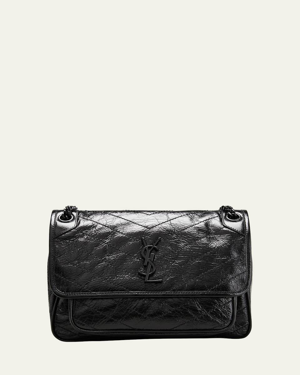 Niki Medium Flap YSL Shoulder Bag in Crinkled Leather