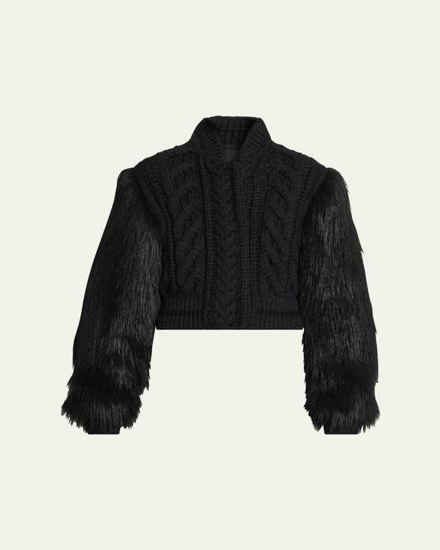 Faux Fur Sleeve Cable Wool Varsity Jacket