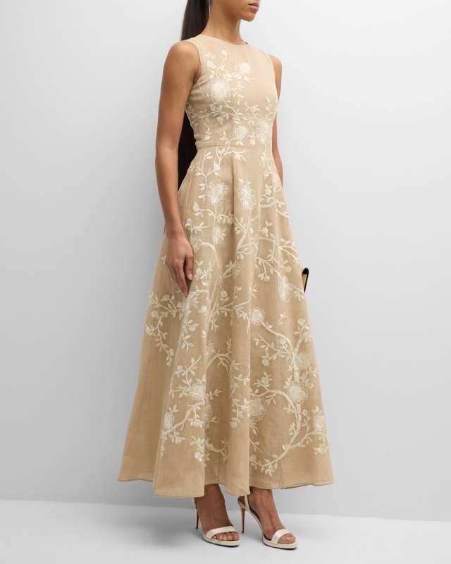 Eloise Floral Vine Embroidered Cotton Burlap Maxi Dress