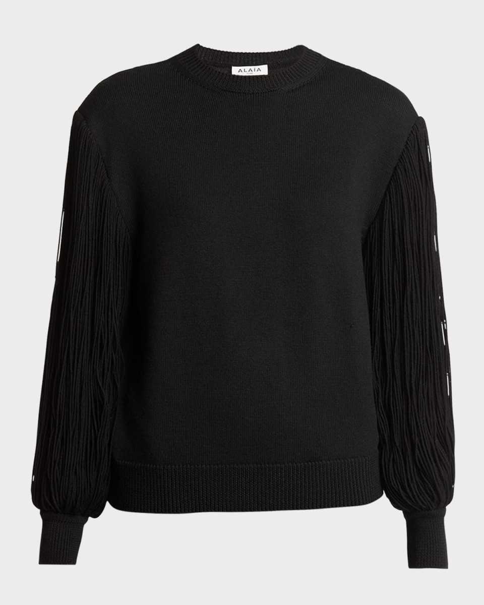 Slit Fringe Sleeve Wool Crewneck Sweater