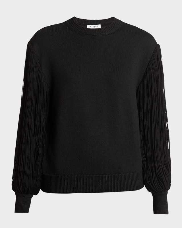 Slit Fringe Sleeve Wool Crewneck Sweater