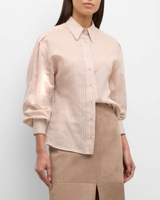 Cotton-Silk Tonal Striped Long-Sleeve Blouse