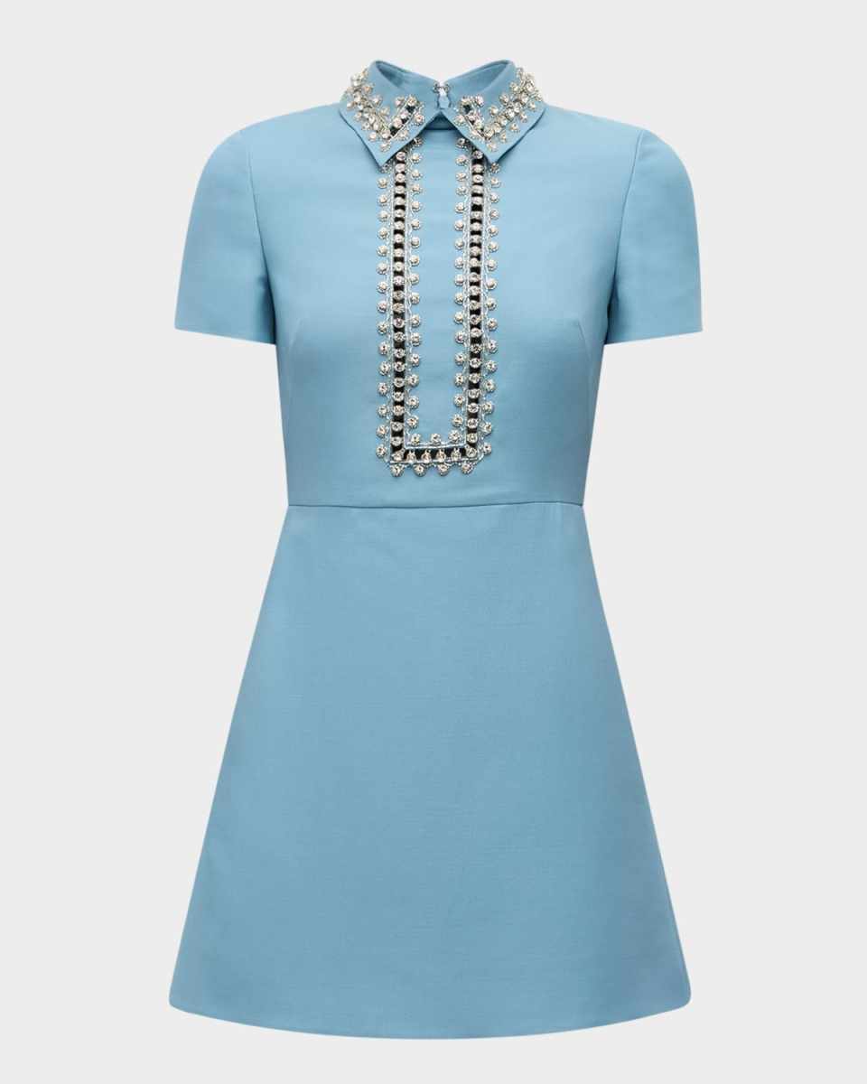 Crystal Embroidered Crepe Short-Sleeve Mini Shirtdress