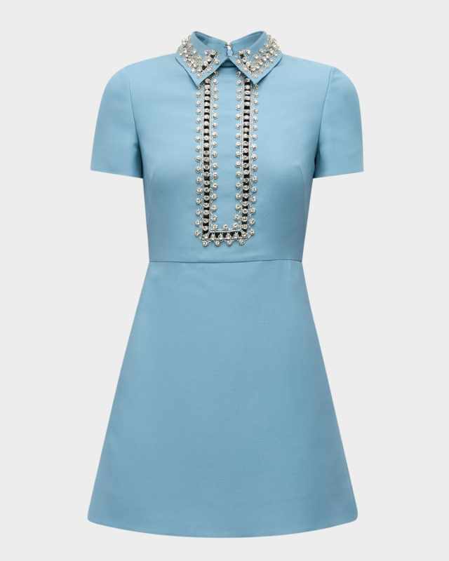 Crystal Embroidered Crepe Short-Sleeve Mini Shirtdress