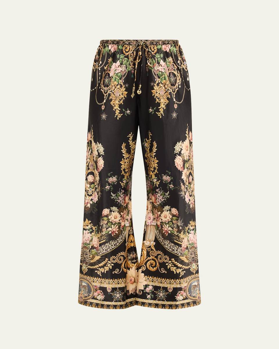 Bias-Cut Silk Wide-Leg Drawstring Pants