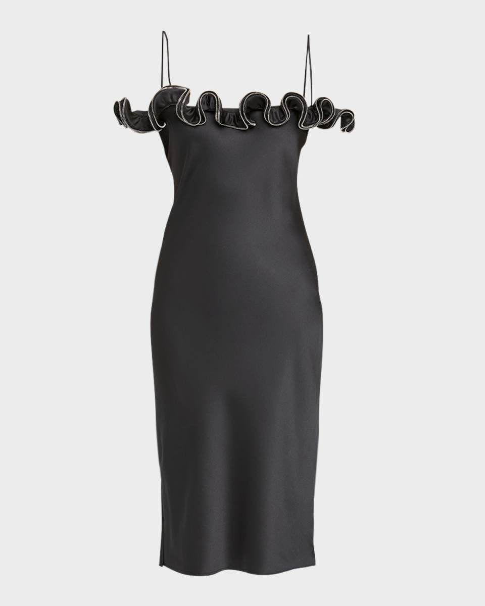Zip Ruffle Off-The-Shoulder Satin Midi Slip Dress