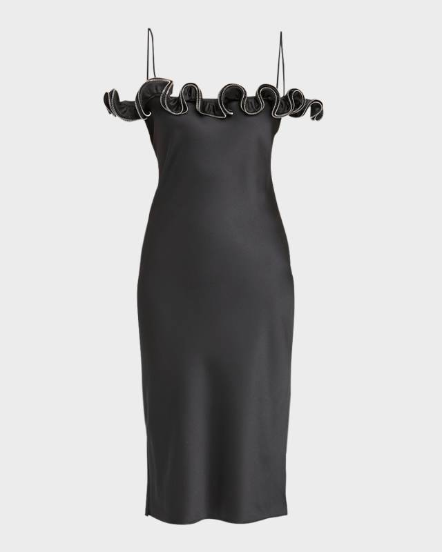 Zip Ruffle Off-The-Shoulder Satin Midi Slip Dress