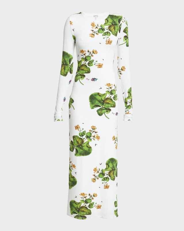 Leaf Print Midi Dress with Side Slits